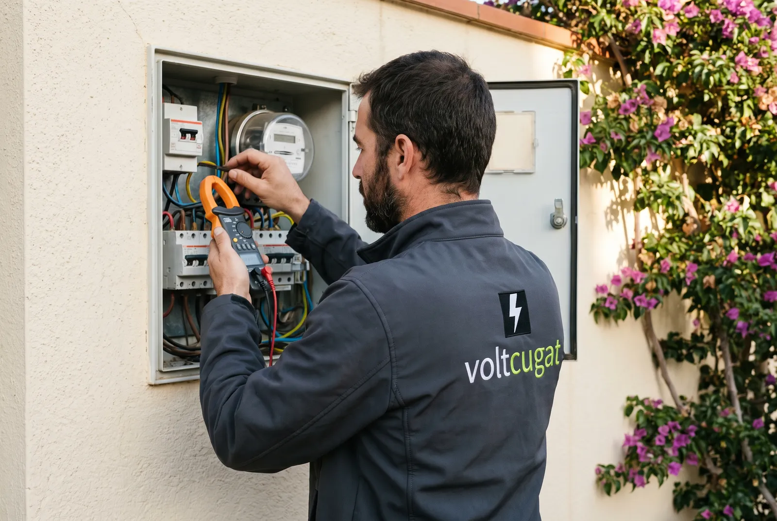 Técnico de Voltcugat midiendo en el armario de contadores de un chalet de Sant Cugat