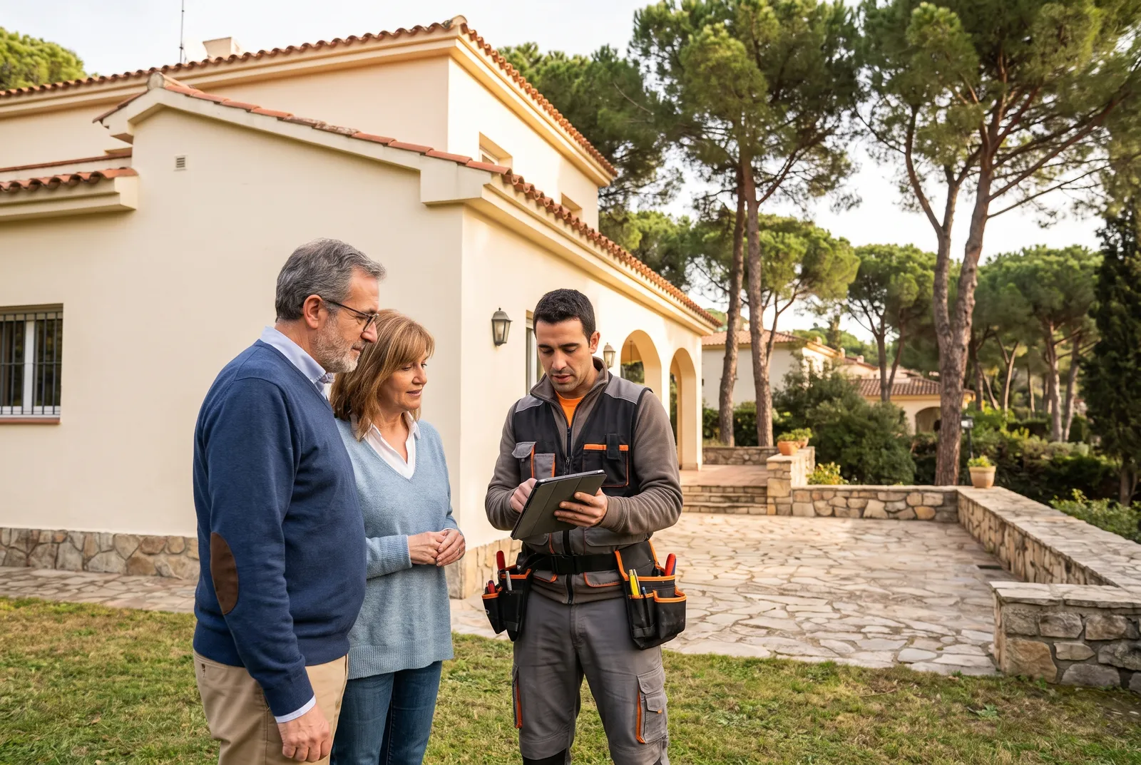 Electricista de Voltcugat explicando el proyecto a unos clientes en su jardín de Sant Cugat