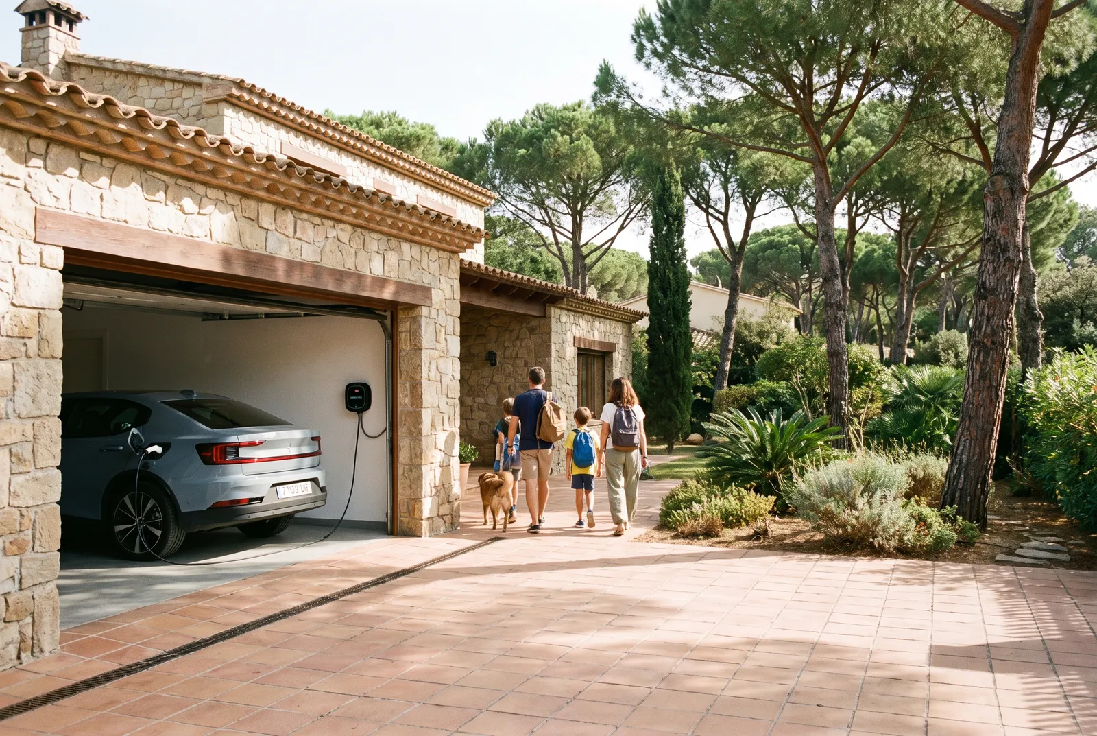 Familia de Sant Cugat con el coche eléctrico cargando en el garaje de su chalet