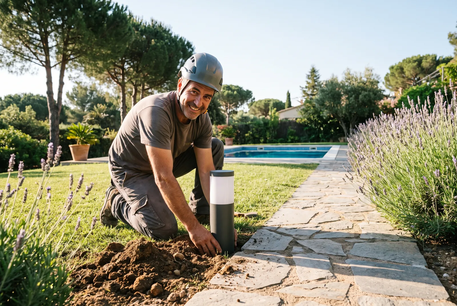 Electricista instalando iluminación LED de jardín en un chalet de Sant Cugat