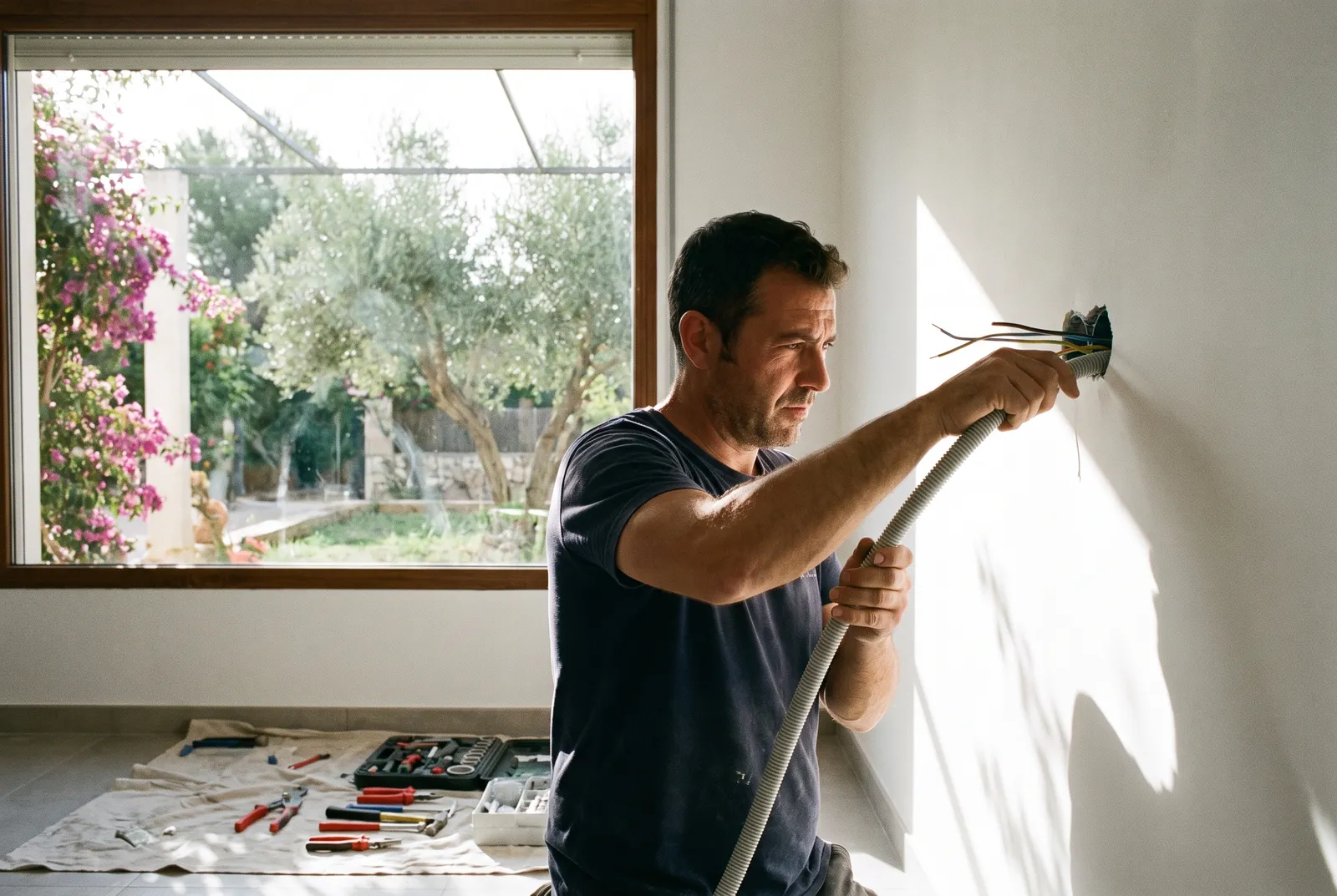Electricista de Voltcugat pasando cableado nuevo en la reforma de una vivienda de Sant Cugat