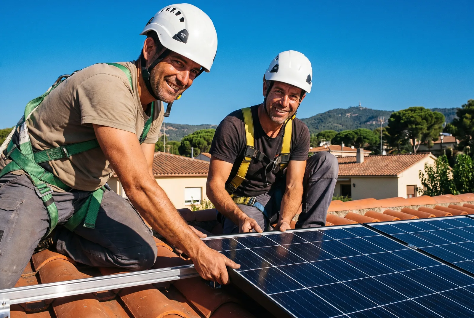Instaladores montando placas solares sobre un tejado de teja árabe en Sant Cugat del Vallès