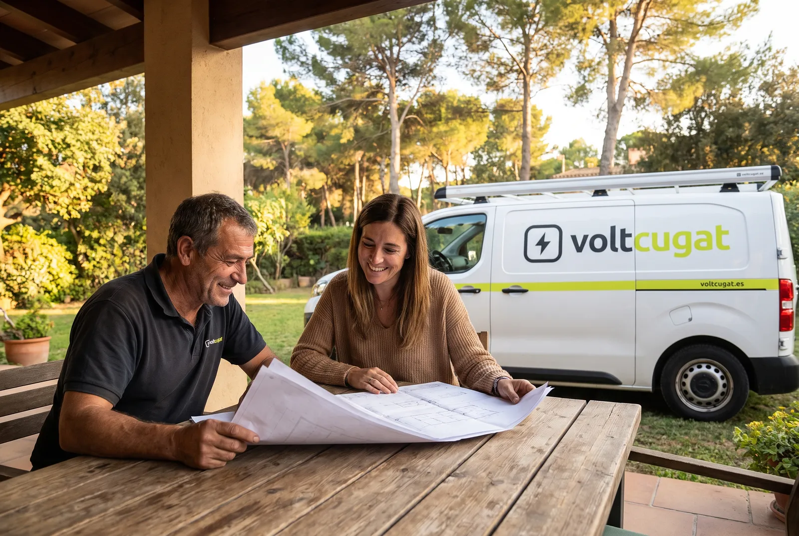 Electricista de Voltcugat revisando el proyecto con un cliente en el porche de su casa de Sant Cugat